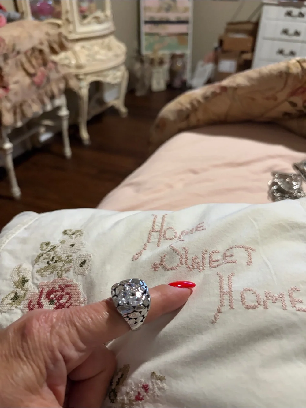Chunky Silver Statement Ring with Clear Crystals - Red Accent